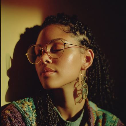 Aiesha in gold glasses, eyes closed in warm light