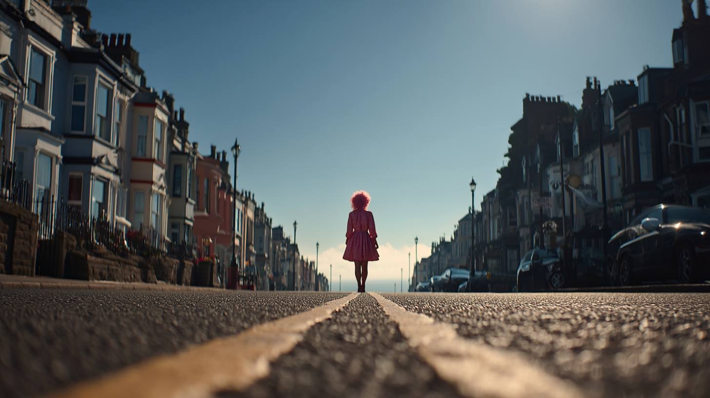 Juliet, a small pink figure in the middle of a long empty street