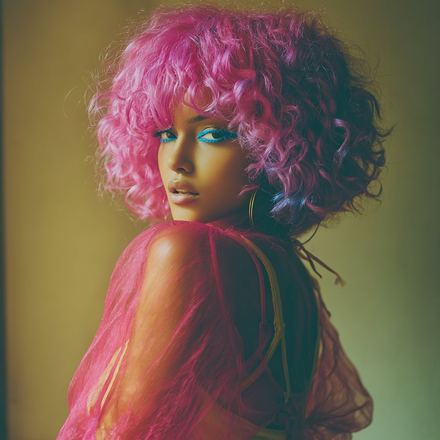 Juliet with pink curls, looking back over her shoulder