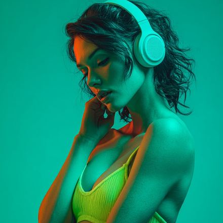 Nikki in headphones against teal light