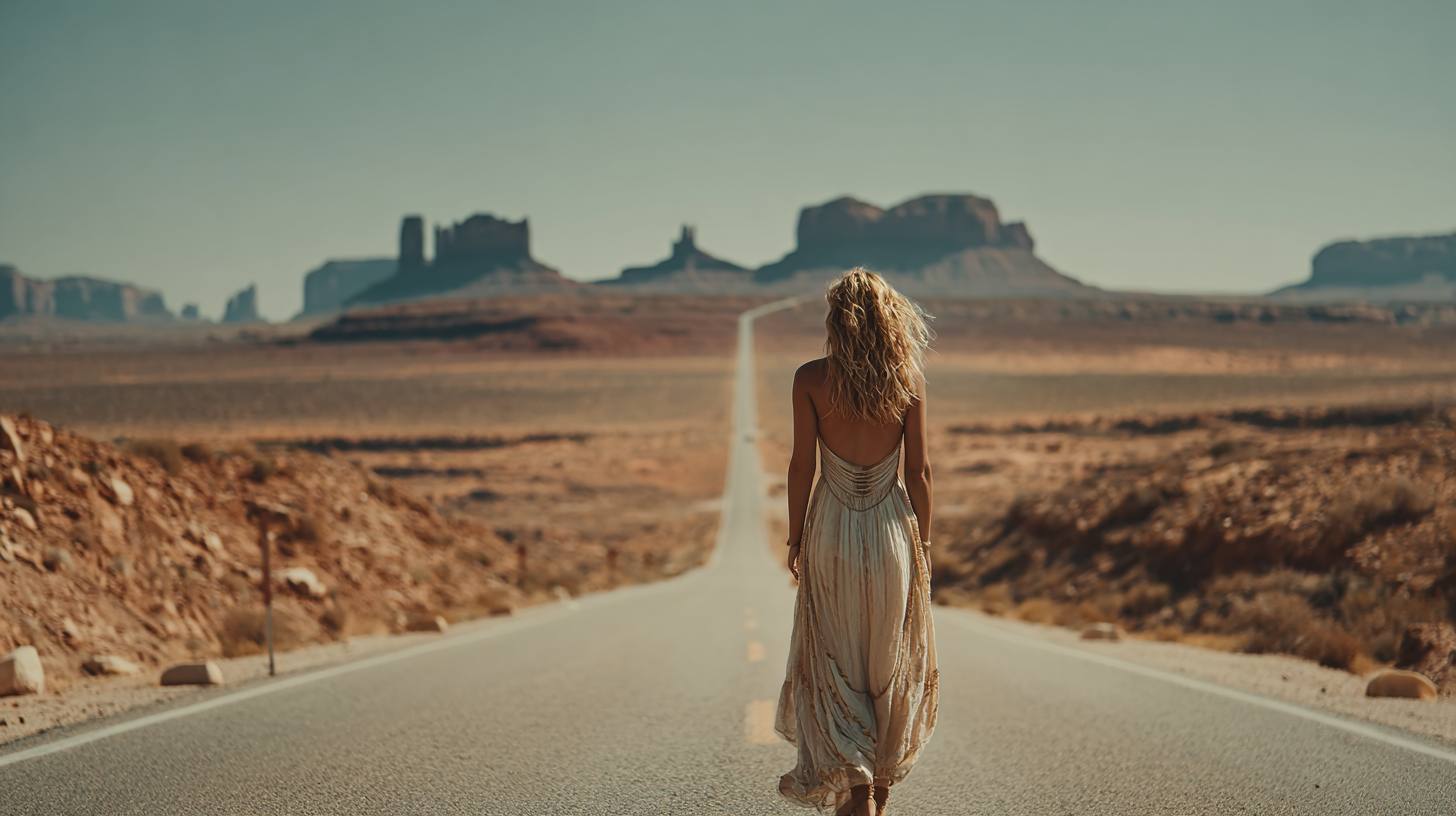 Semitra walking down a desert highway toward the mesas