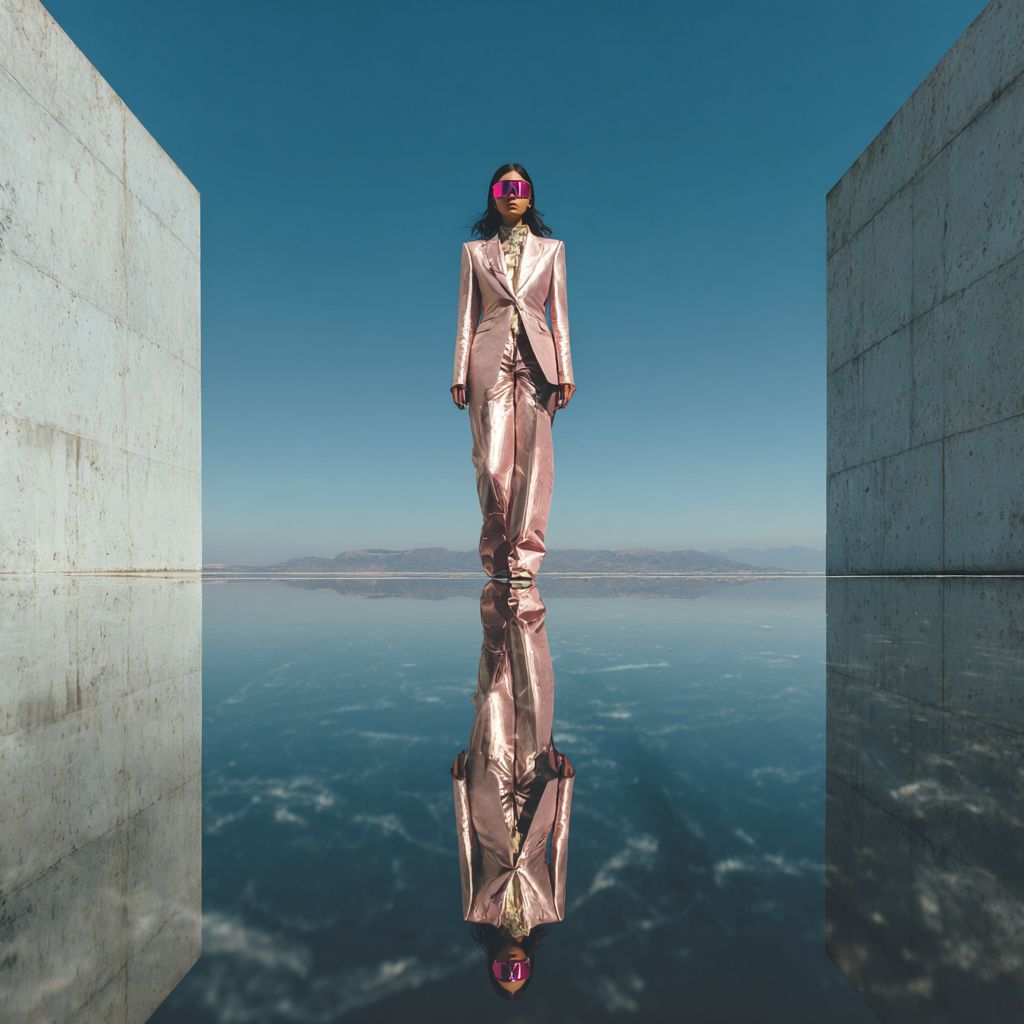 Whitney in a metallic pink suit, standing on a mirror of water between concrete walls