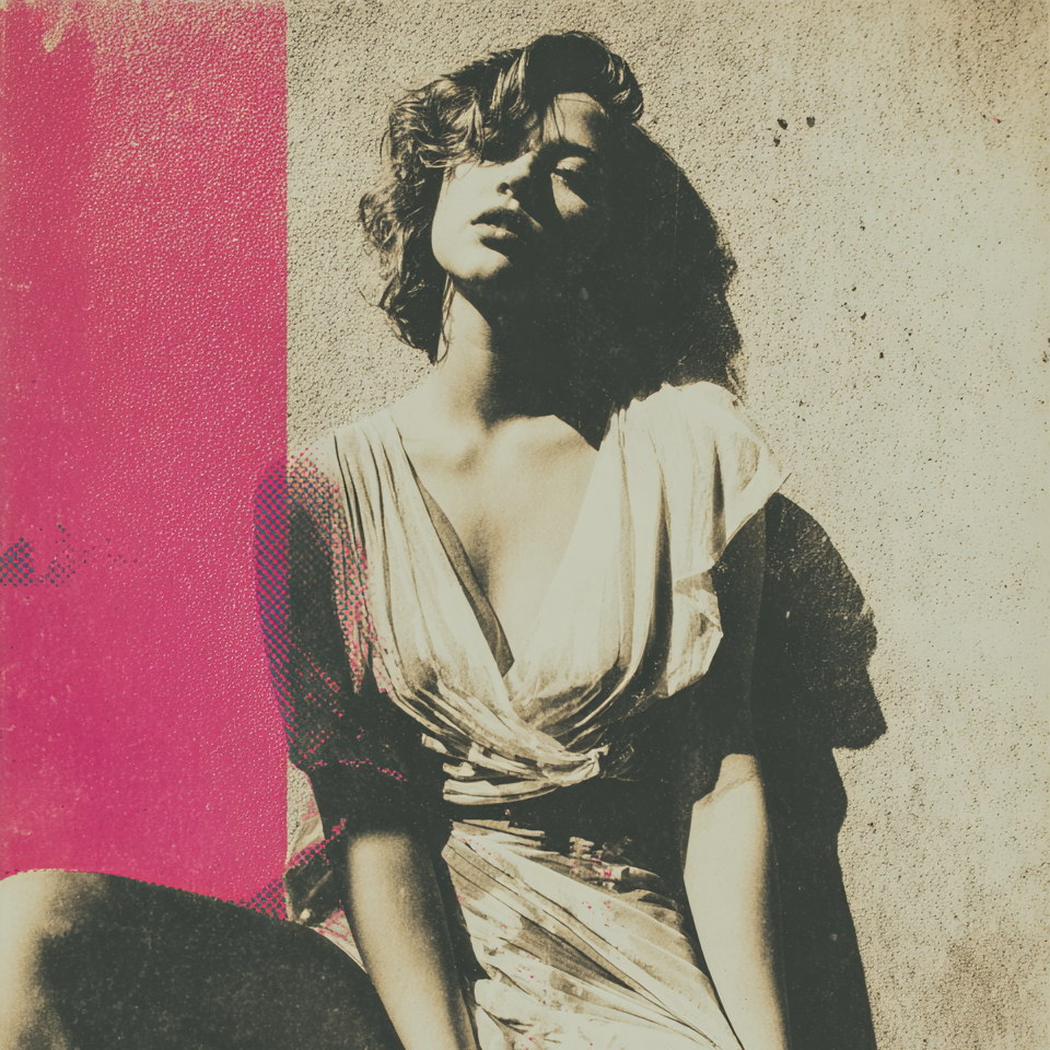 Semitra in a two-ink risograph print, head tilted back into hard sun against a bone-coloured wall, wrapped white dress, a solid magenta block running down the left edge of the plate