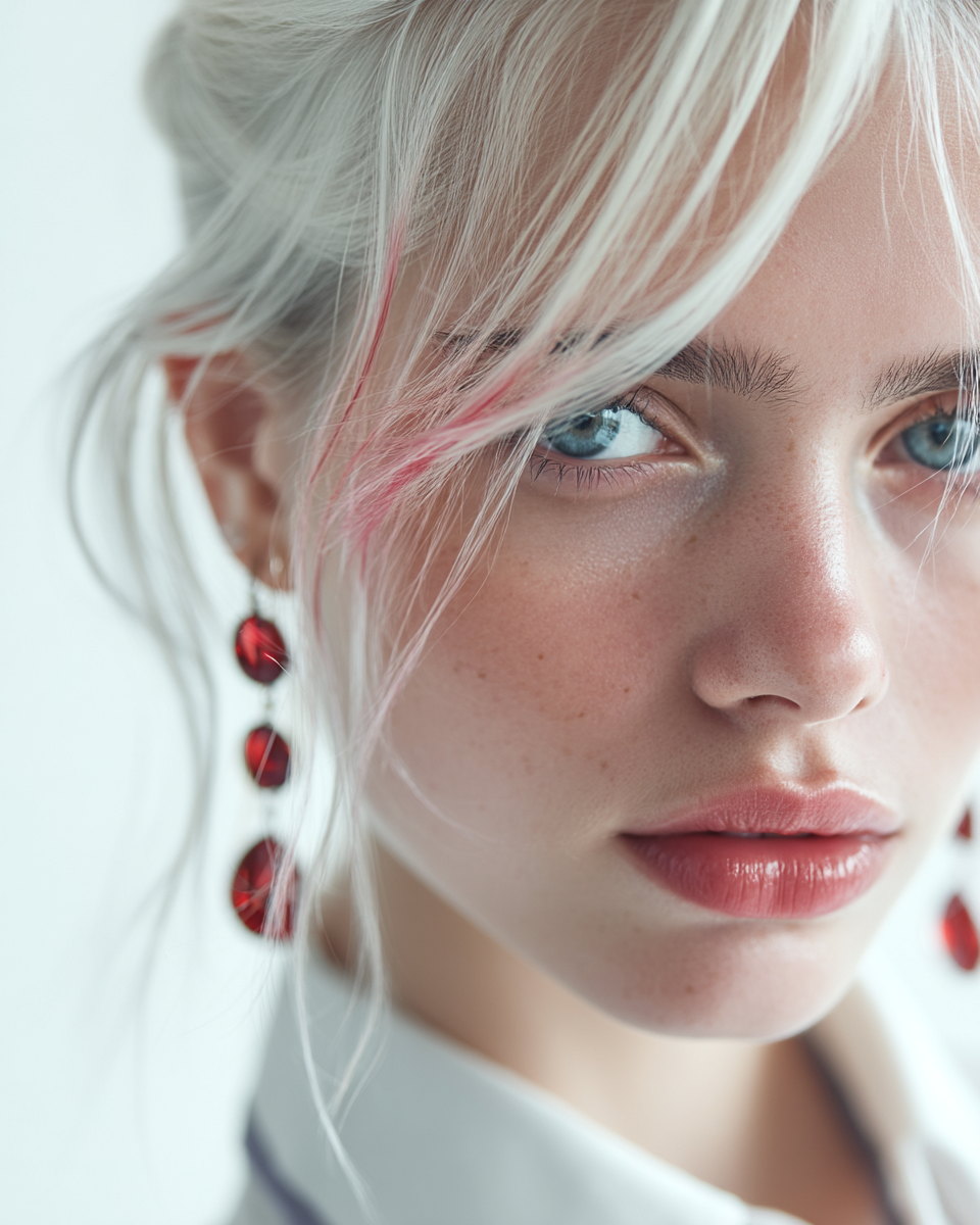 Extreme close-up of Rhyen against a near-white background, platinum hair with a single pink streak across her cheek, garnet drop earrings, pale blue eyes