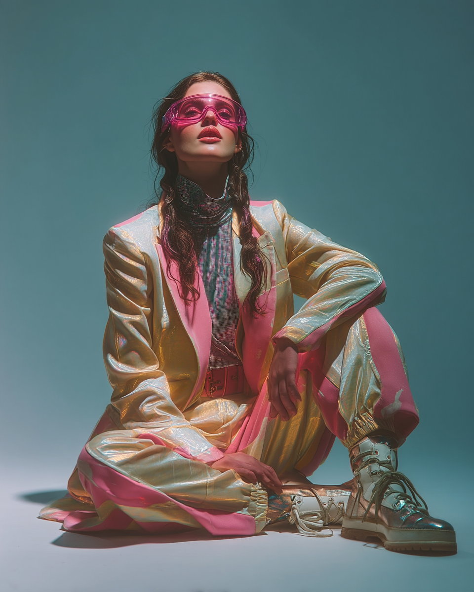 Whitney seated on a teal cyclorama in an iridescent taffeta suit with pink panel inserts, chainmail scarf, pink shield visor and chrome combat boots