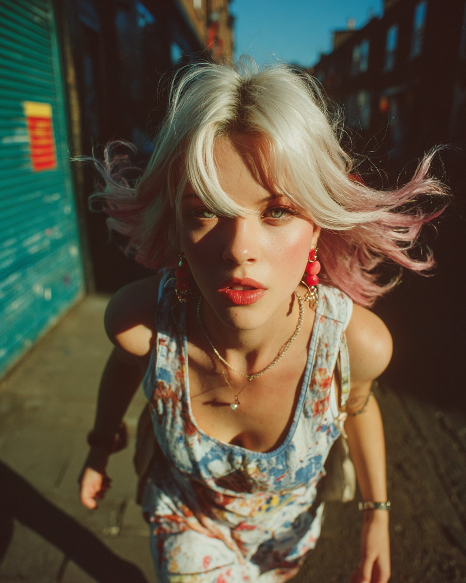 Rhyen leaning into the camera on a sunlit street, platinum hair blown sideways with pink at the ends, paint-spattered denim overalls, red drop earrings, teal roller shutter behind her