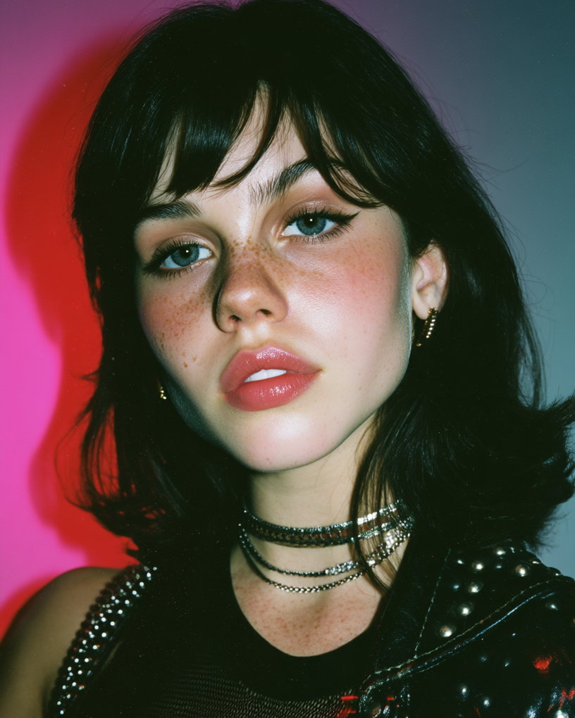 Kira Noir under two hard gels, magenta from the left and teal from the right, in a studded black leather jacket over a mesh top with layered chain chokers
