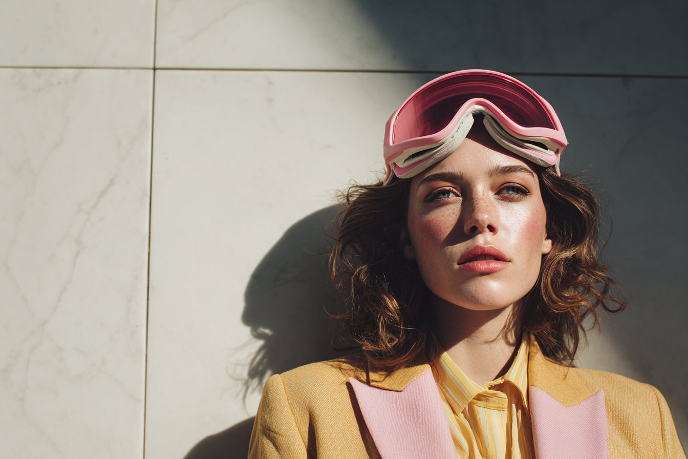 Whitney in a butter wool blazer with powder-pink lapel, rose-lens goggles pushed up, against a sunlit marble wall
