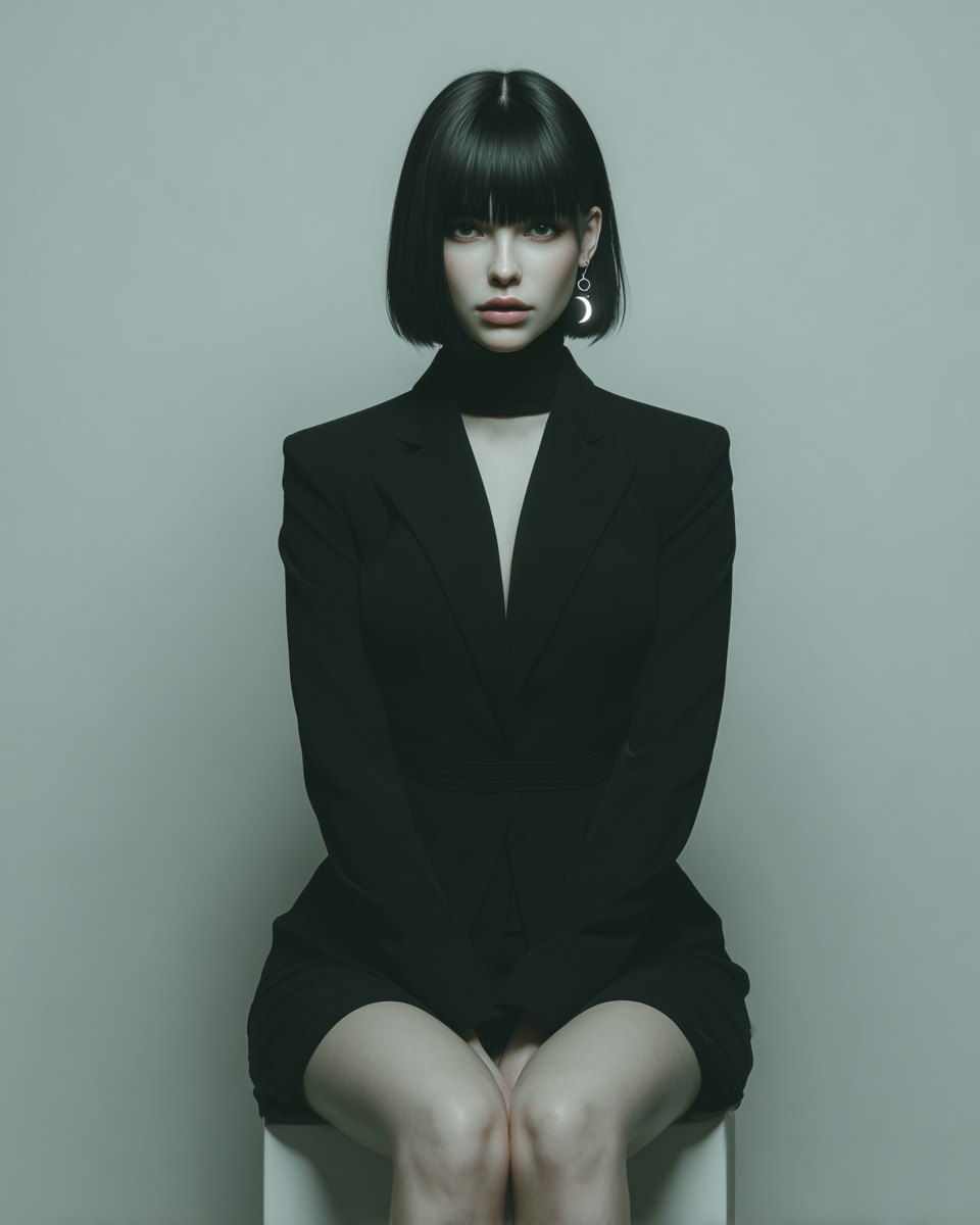 Kira Noir seated dead centre on a pale grey-green cyclorama in a sharply tailored black blazer and high black collar, blunt black bob, crescent-moon earring