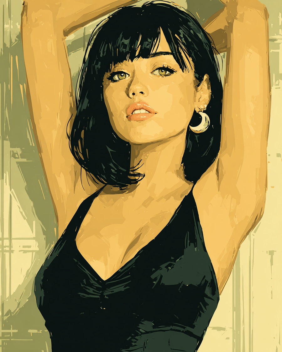 Kira Noir rendered as a flat two-colour fashion illustration in ochre and ink, arms raised overhead, black slip, crescent-moon earring