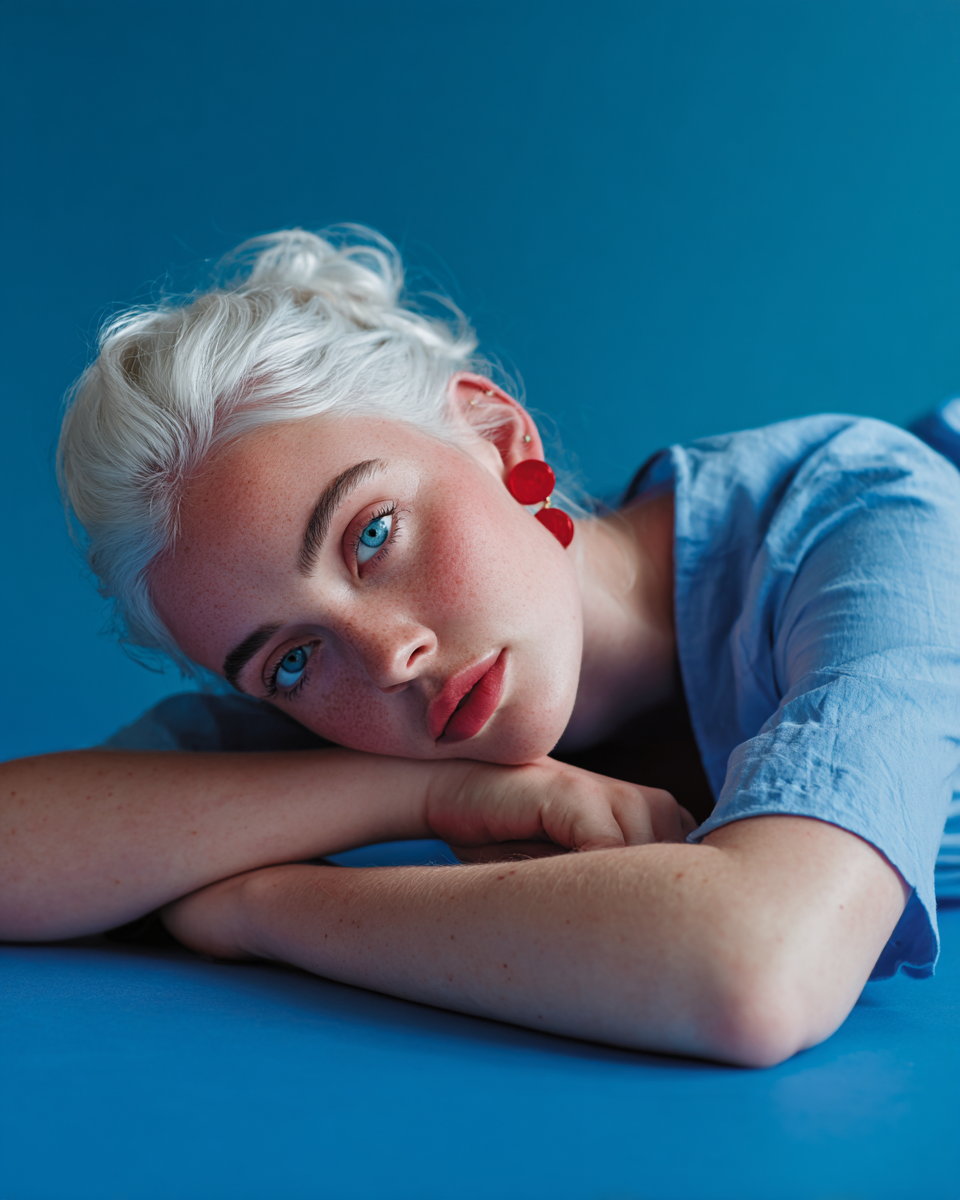 Rhyen lying with her head on her folded arms against a deep blue backdrop, platinum pixie crop, red disc earring, pale blue linen shirt