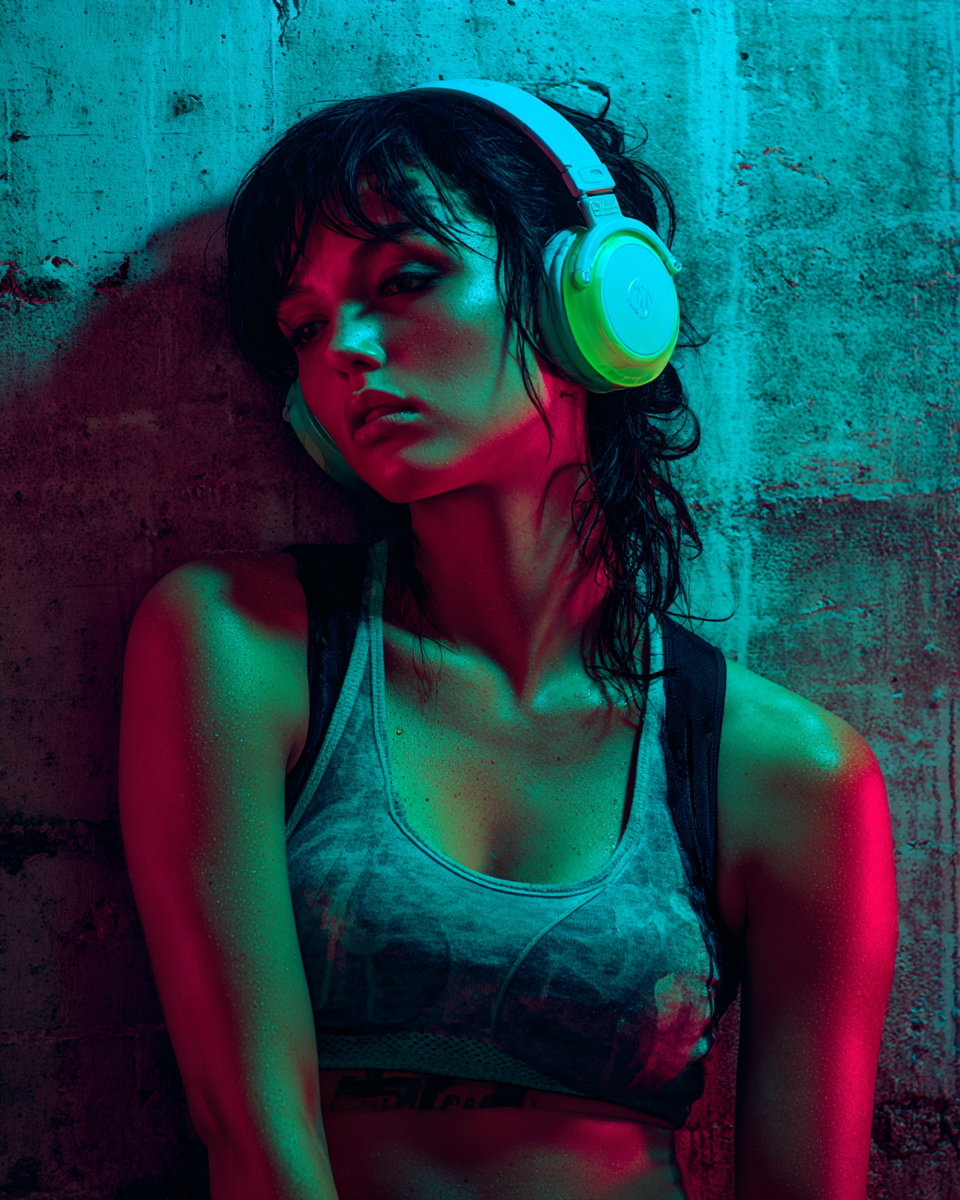 Nikki against a raw concrete wall lit by two hard gels, cyan from one side and crimson from the other, lime-shelled over-ear headphones on, marbled ribbed crop top