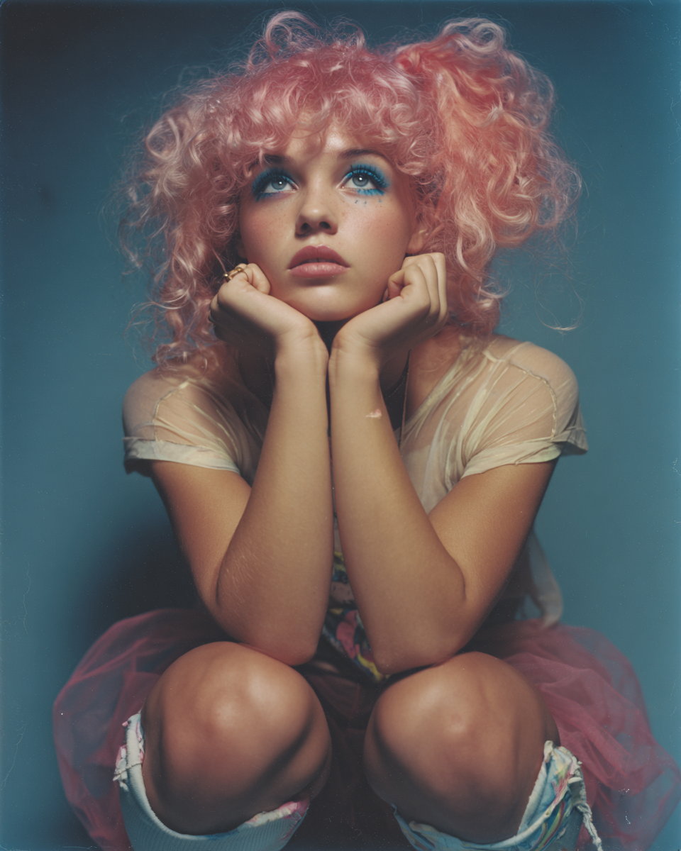 Juliet crouched against a teal backdrop in a sheer cream top and pink tulle, chin resting on both fists, cyan eyeshadow, shot on film