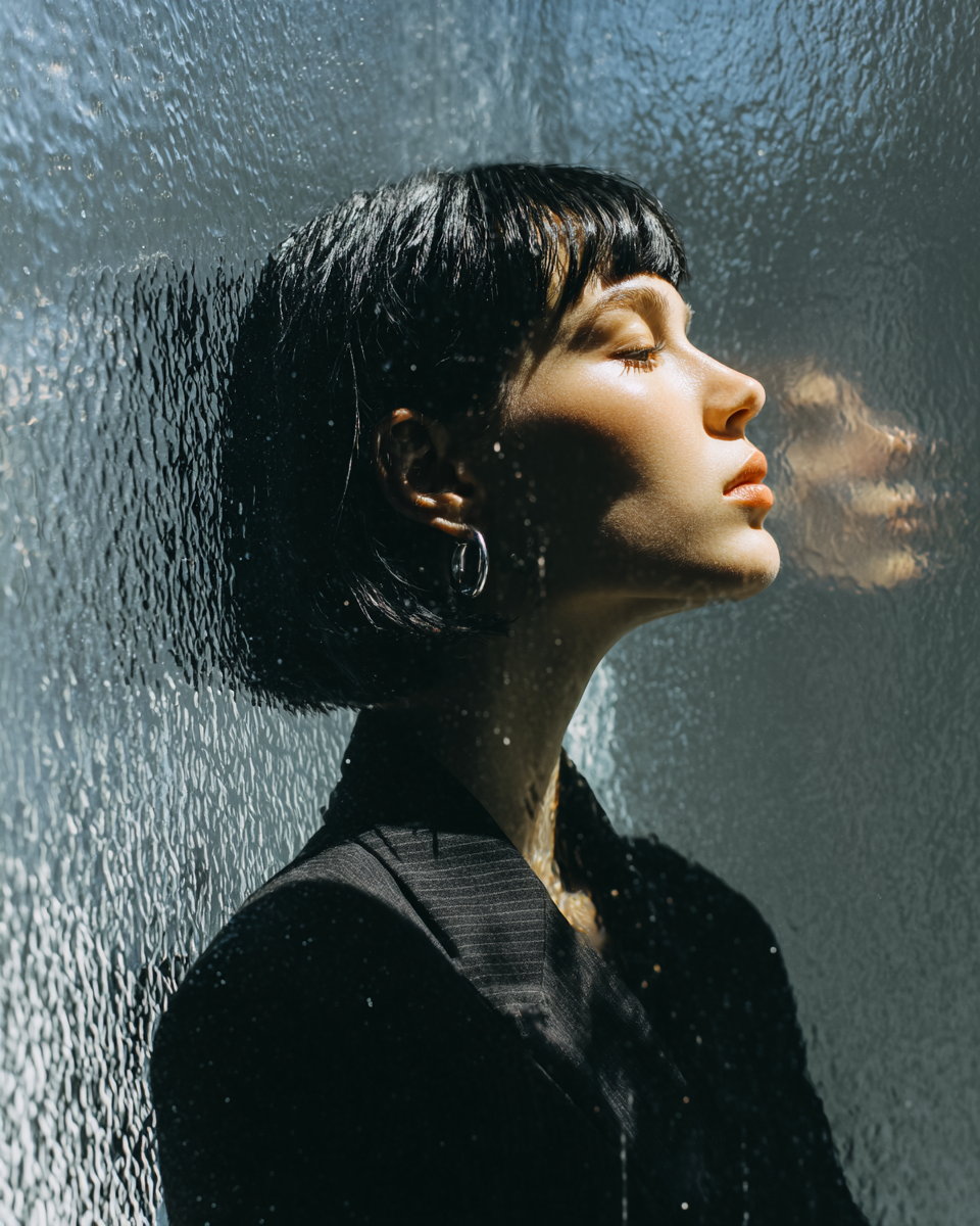 Kira Noir in profile behind a wall of textured wet glass, eyes closed, face half-dissolved by the surface, black pinstripe blazer, hard side light