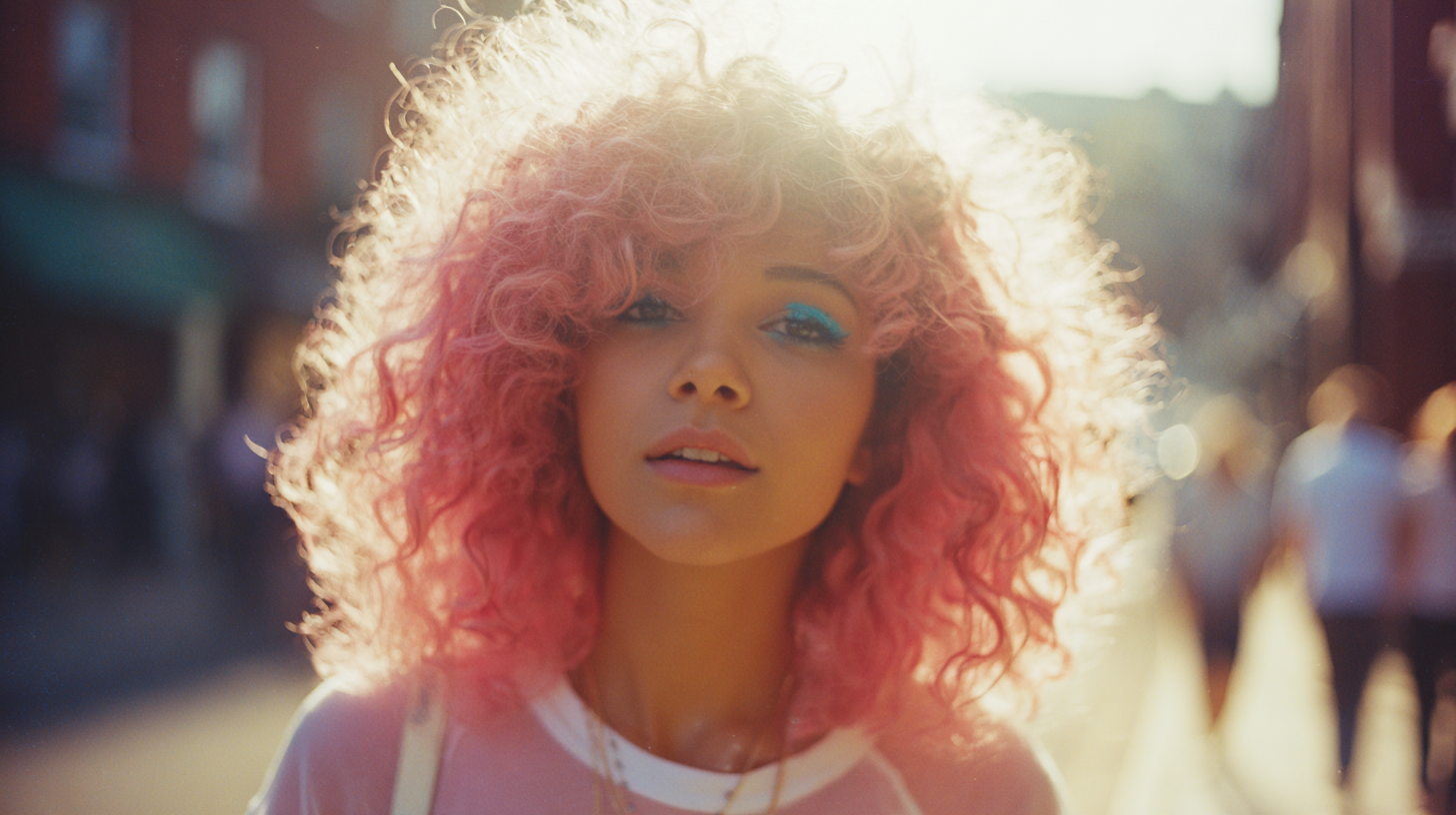 Juliet backlit on a sunlit street, pink curls blown out by low sun, cyan liner catching the light