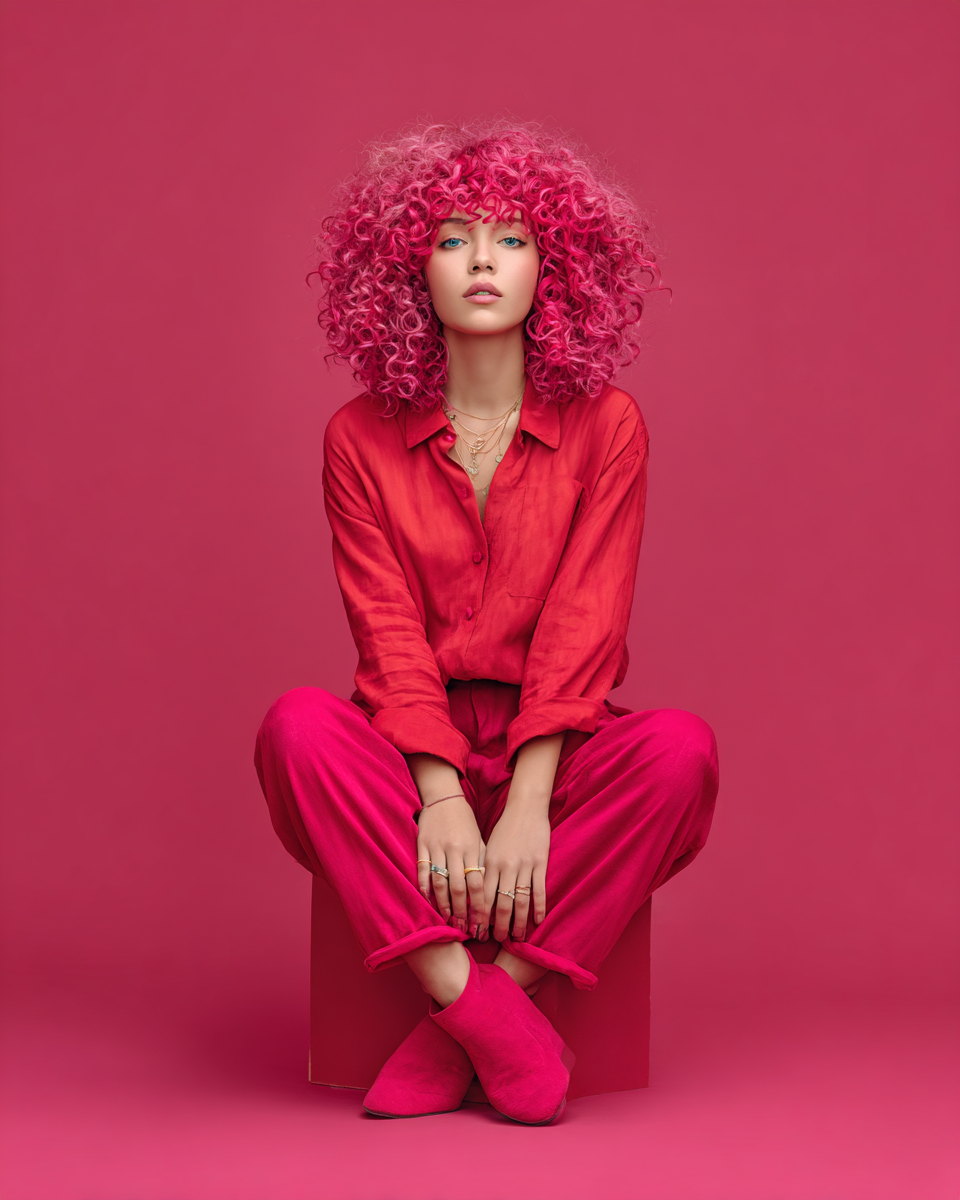Juliet seated on a cube in head-to-toe red and pink against a matching hot pink cyclorama, magenta curls, suede slippers