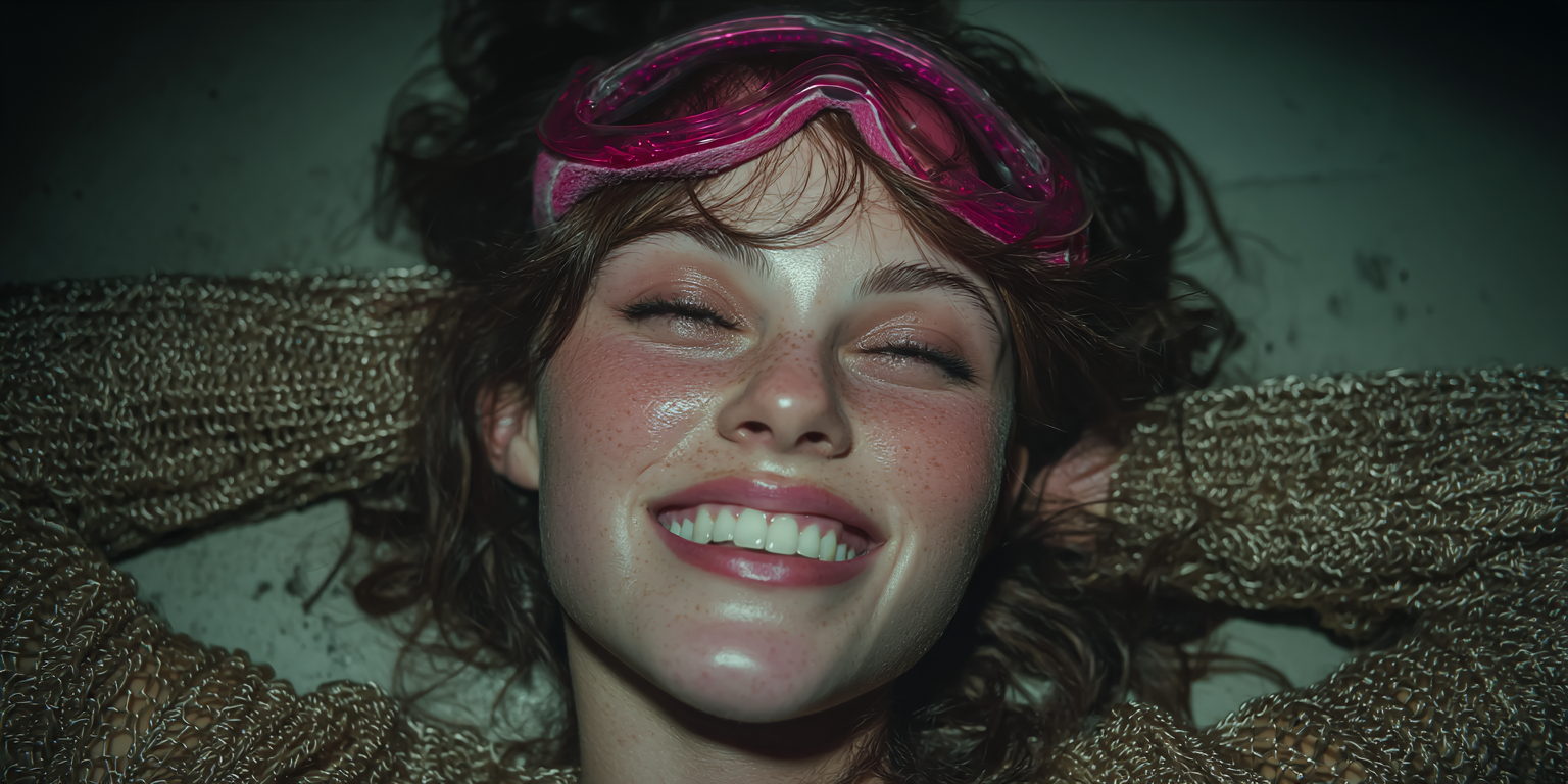 Overhead frame of Whitney lying on a studio floor, eyes closed and smiling, magenta goggles pushed into her hair, gold chain-knit sleeves outstretched